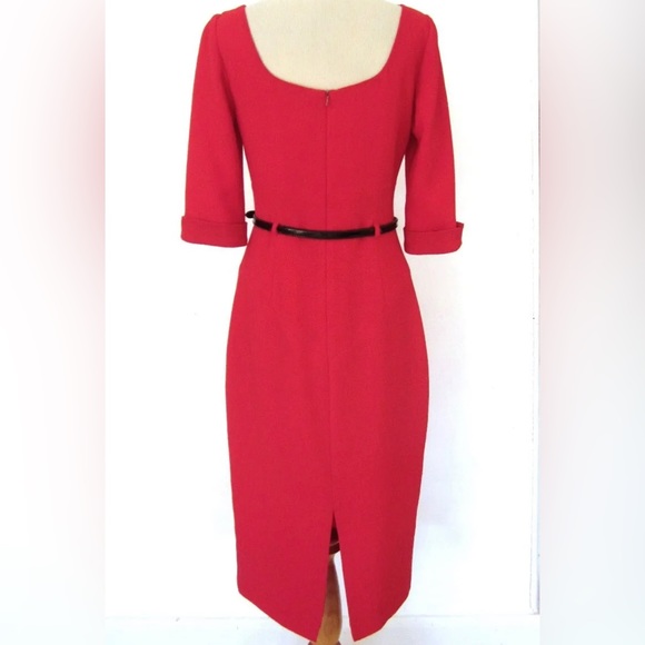 Black Halo Red Pink Belted Jackie O 3/4 Sleeve Dress Crepe Textured Size 4 - Picture 4 of 8